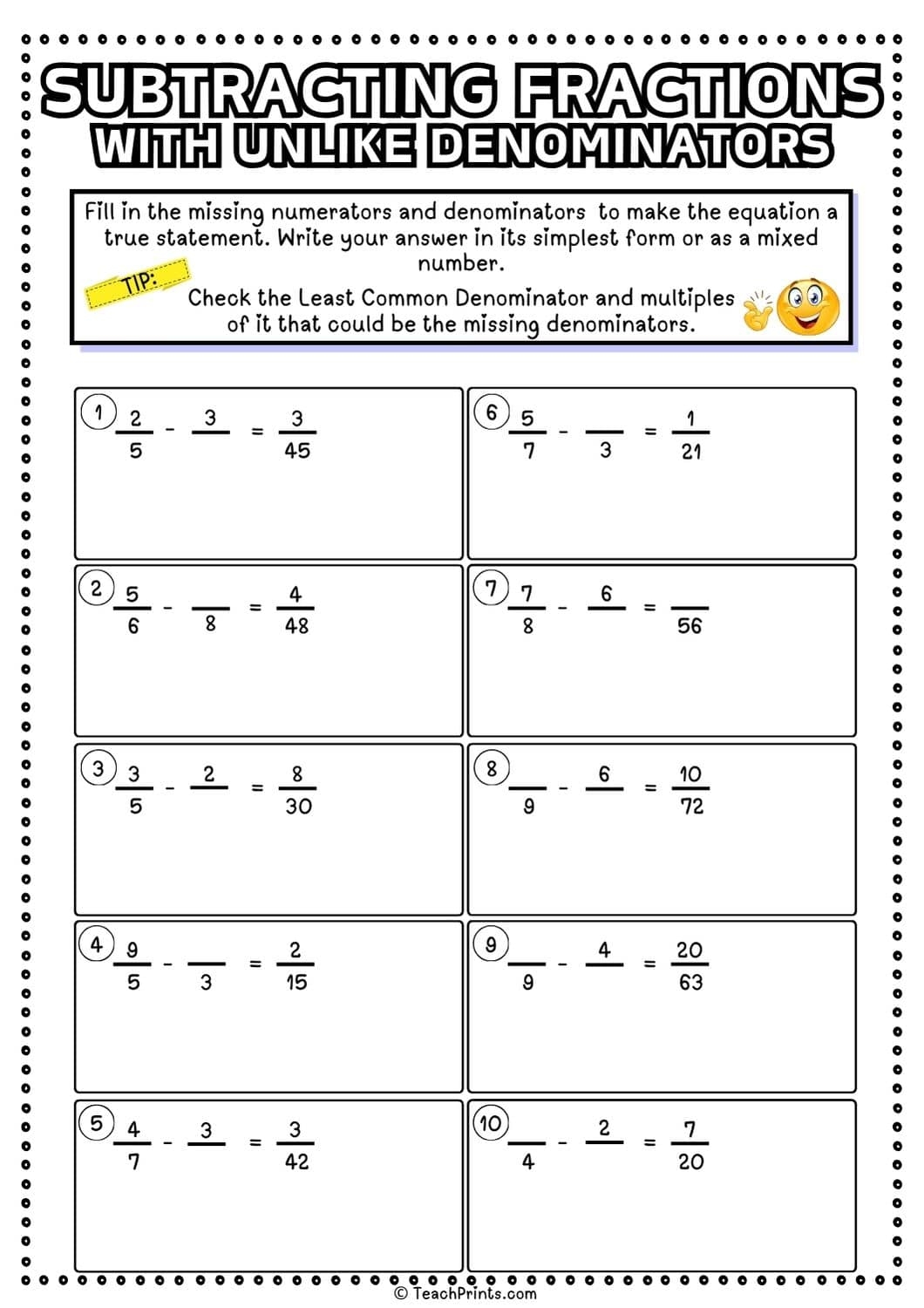 Free Subtracting Fractions With Unlike Denominators Worksheets Teach Prints Free Subtracting Fractions With Unlike Denominators Worksheets Teach Prints