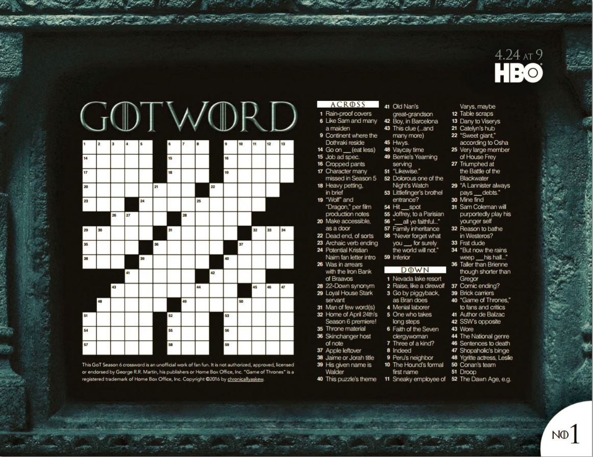 Game Of Thrones Crossword Puzzles A Blog Of Thrones