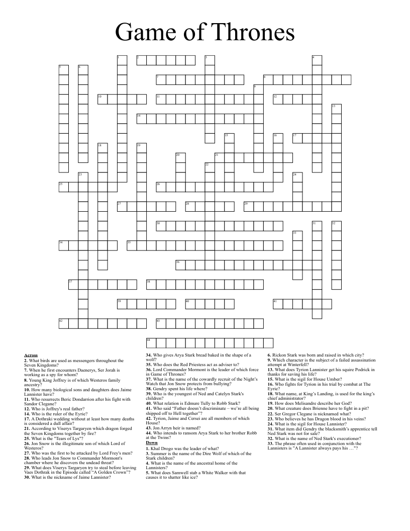 Game Of Thrones Crossword WordMint