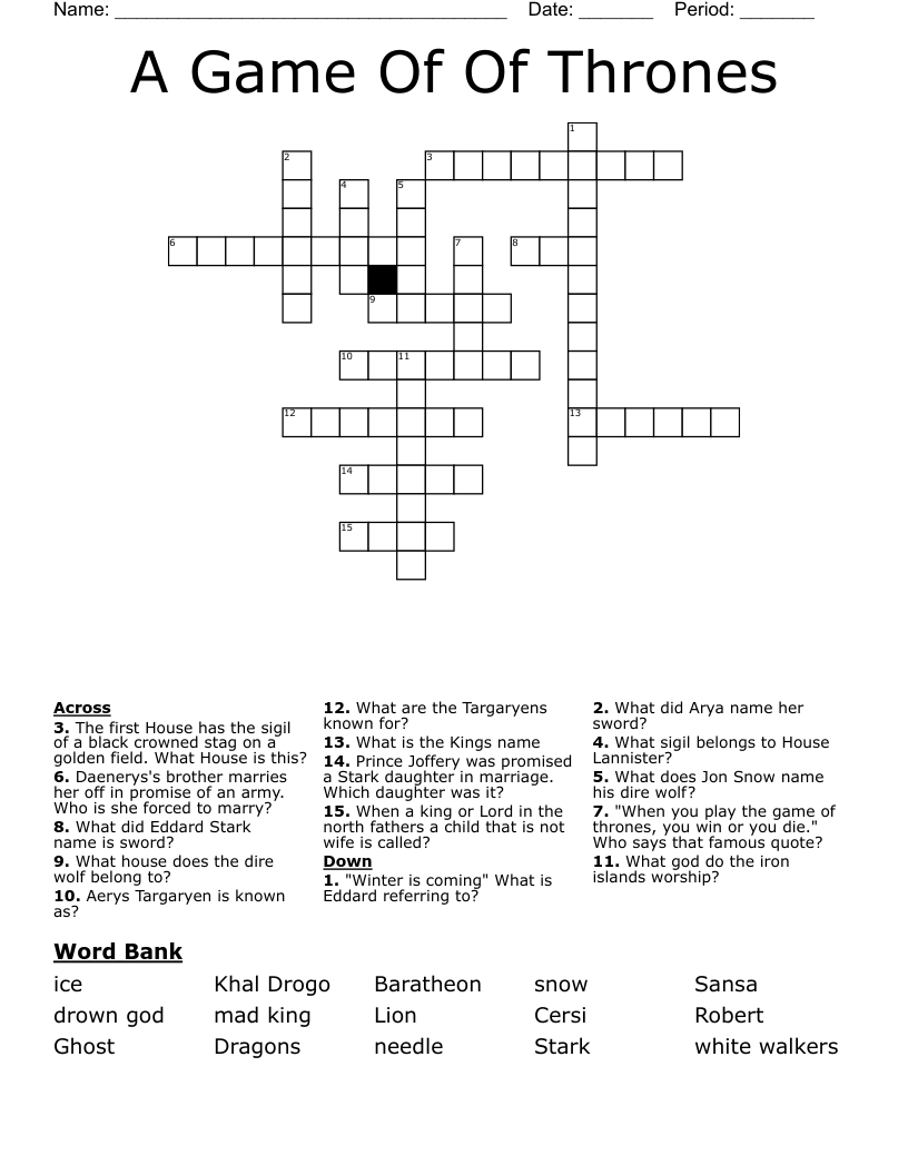 Game Of Thrones Crossword WordMint
