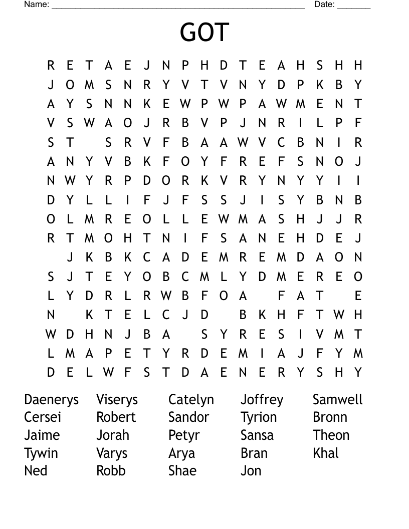 Game Of Thrones Crossword WordMint