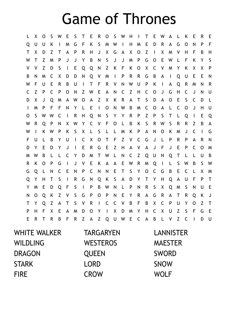 Game Of Thrones Word Search WordMint
