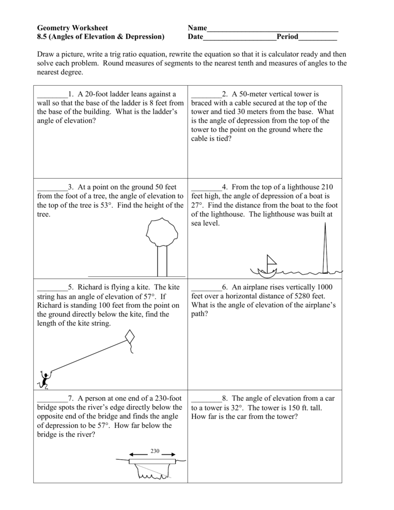 Geometry Angles Of Elevation Depression Worksheet