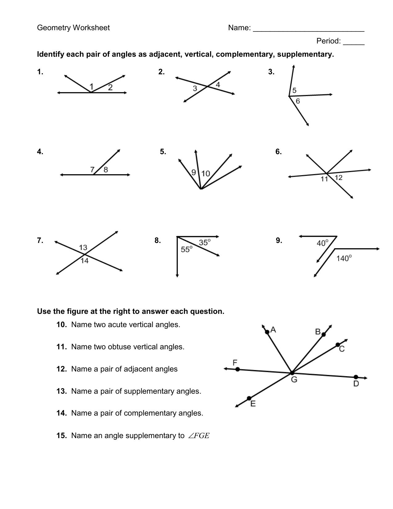 worksheet complementary and supplementary angles
