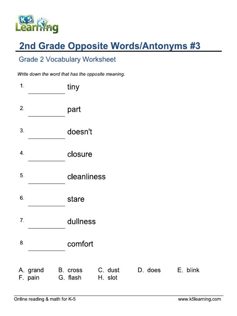 2nd grade vocabulary worksheets