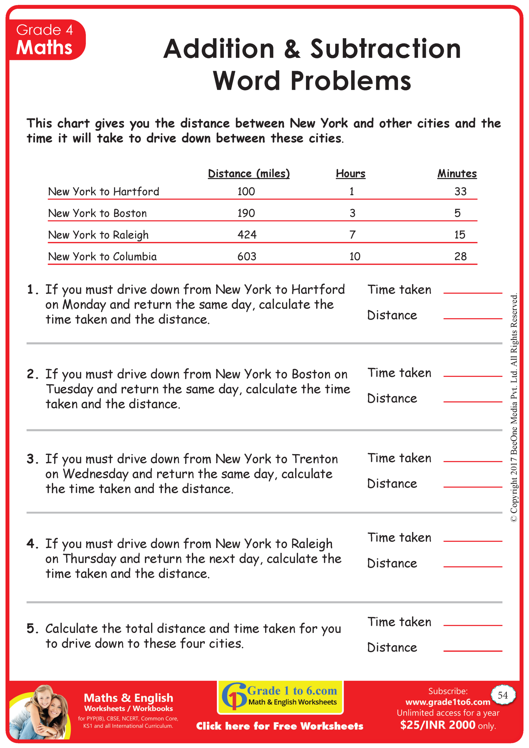 Grade 4 Addition And Subtraction Word Problems With Answer Key Grade1to6