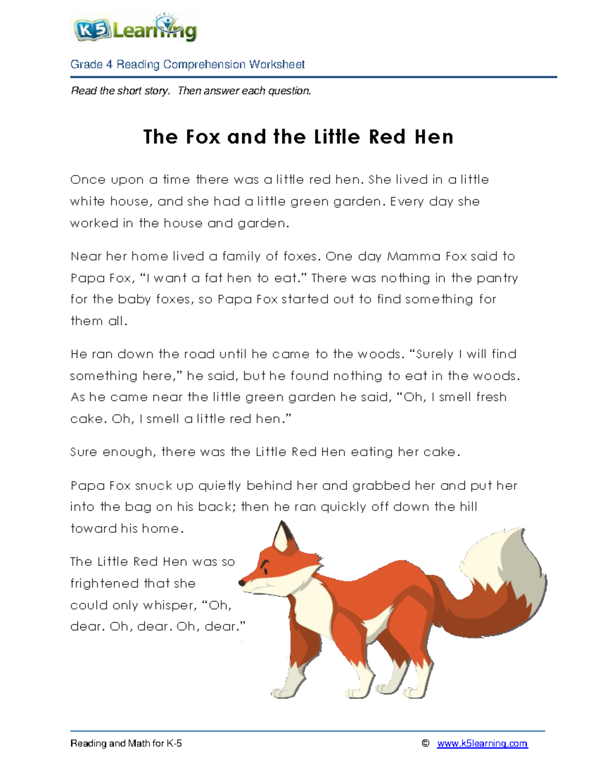 Grade 4 Story Comprehension The Fox And The Little Red Hen Studocu