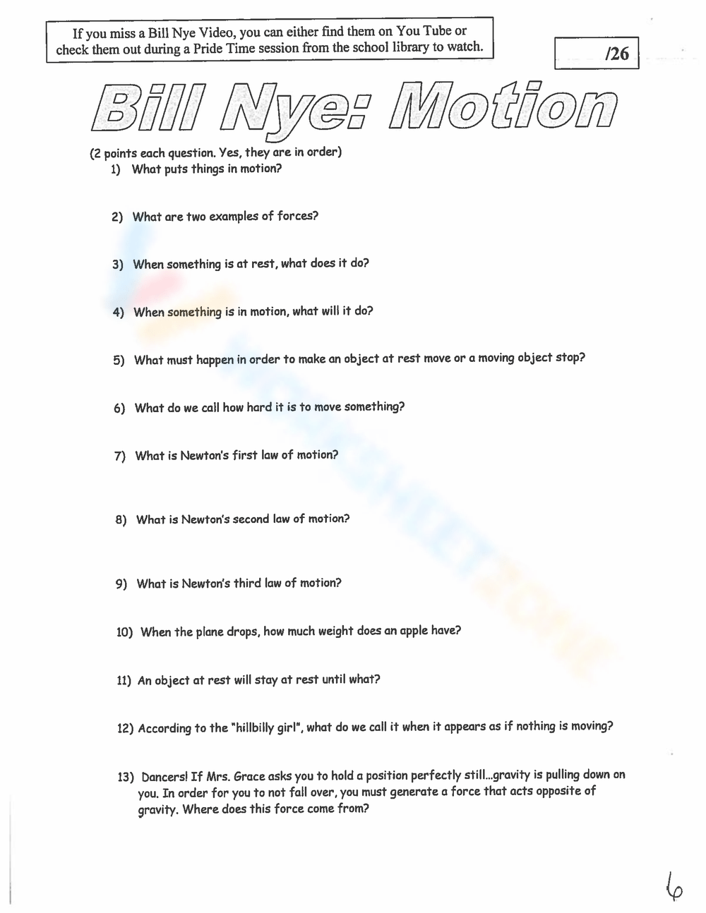 Grade 5 Bill Nye Motion Worksheets