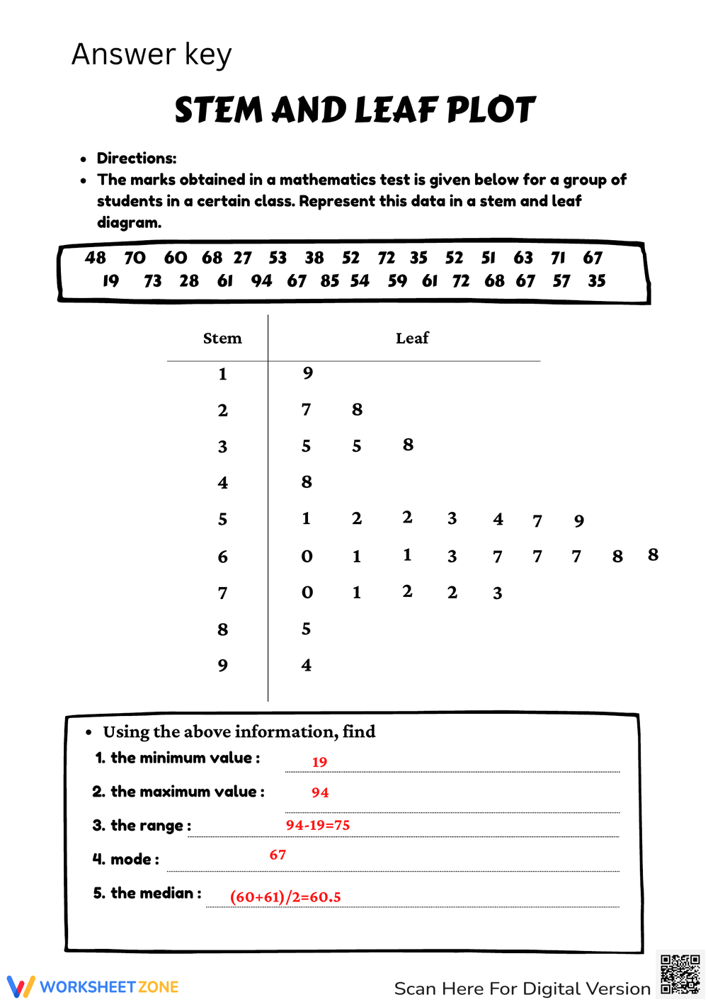worksheet stem and leaf plot