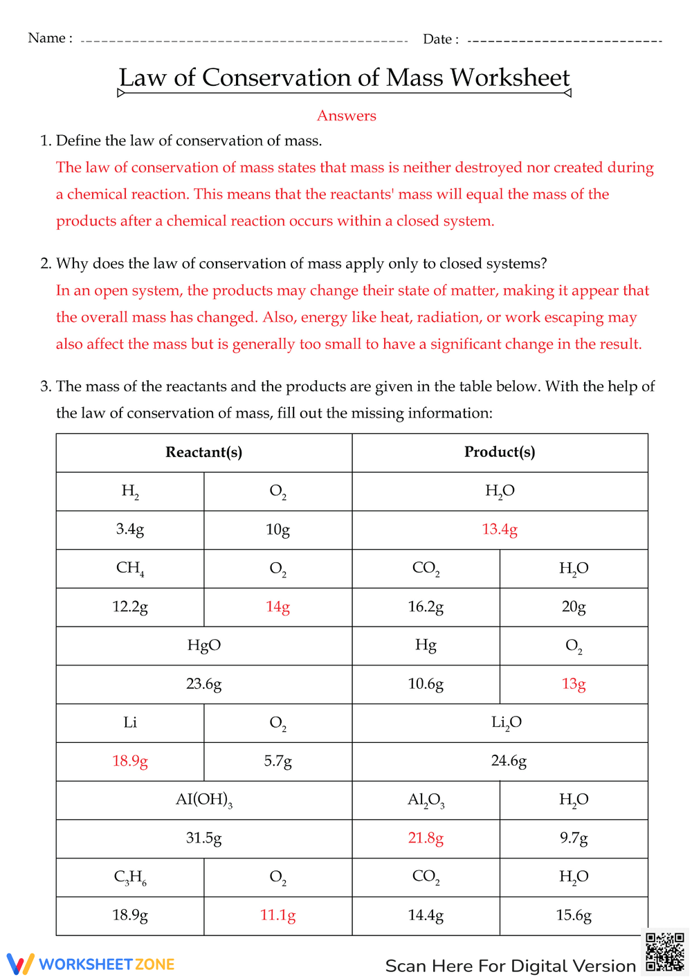 Grade 7 Conservation Of Mass Worksheets Printable
