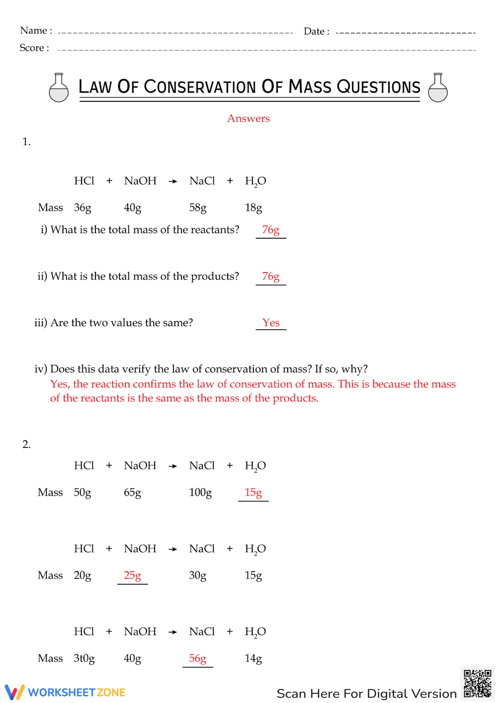 Grade 7 Conservation Of Mass Worksheets Printable