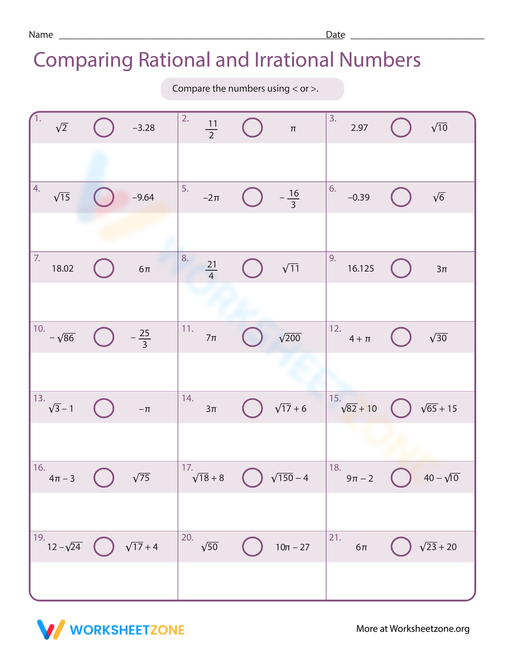 irrational rational numbers worksheet