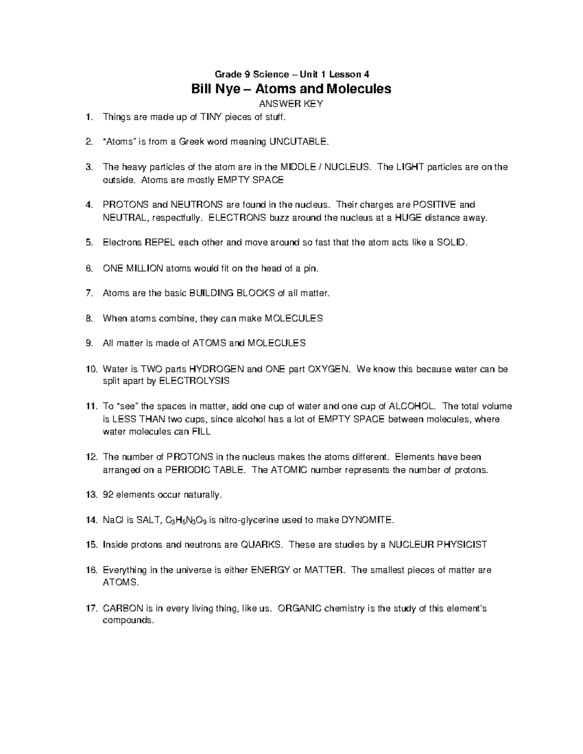 Grade 9 Science Bill Nye Atoms Molecules Answer Key Studocu