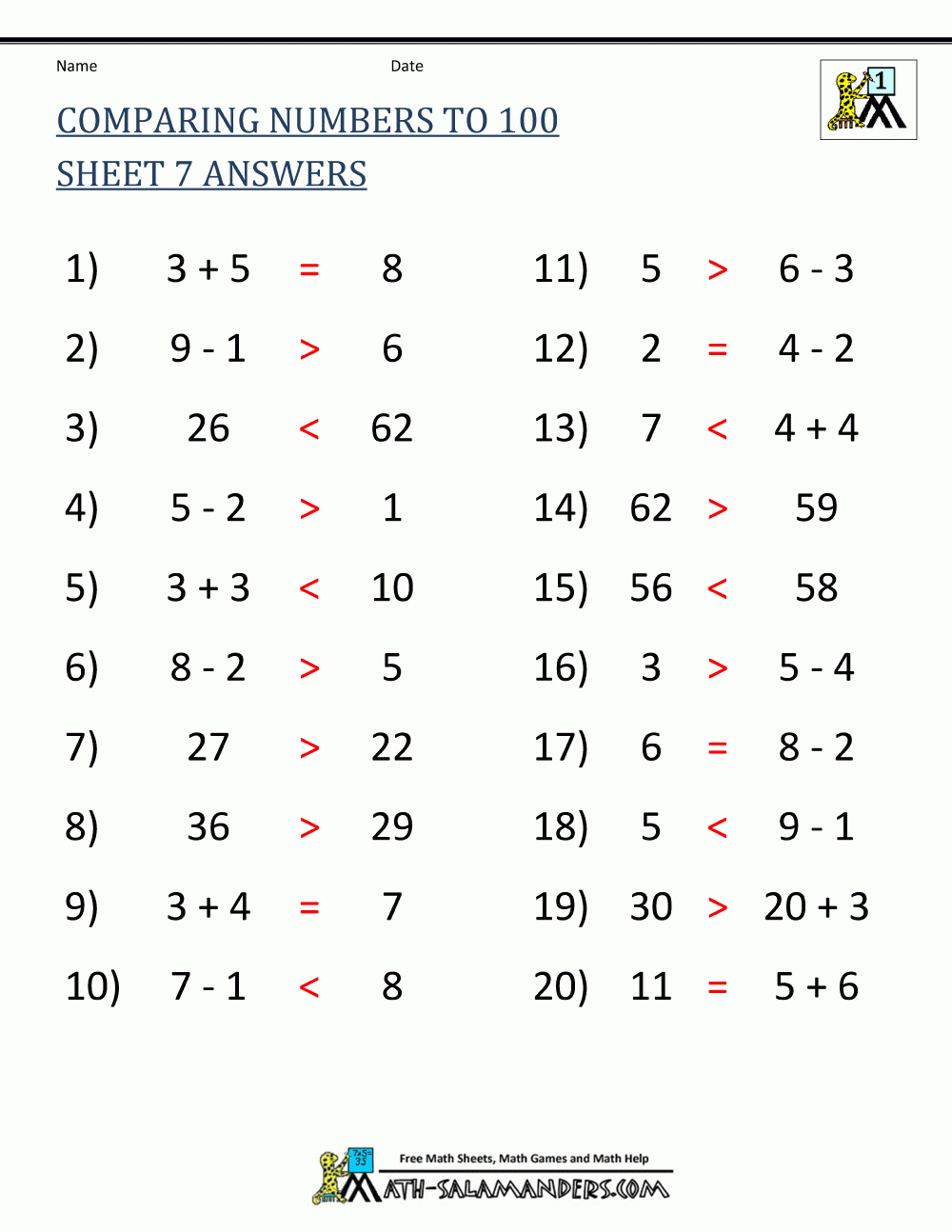 Greater Than Less Than Worksheet Comparing Numbers To 100