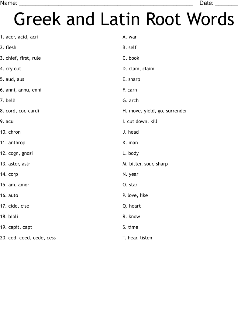 Greek And Latin Root Words Worksheet WordMint