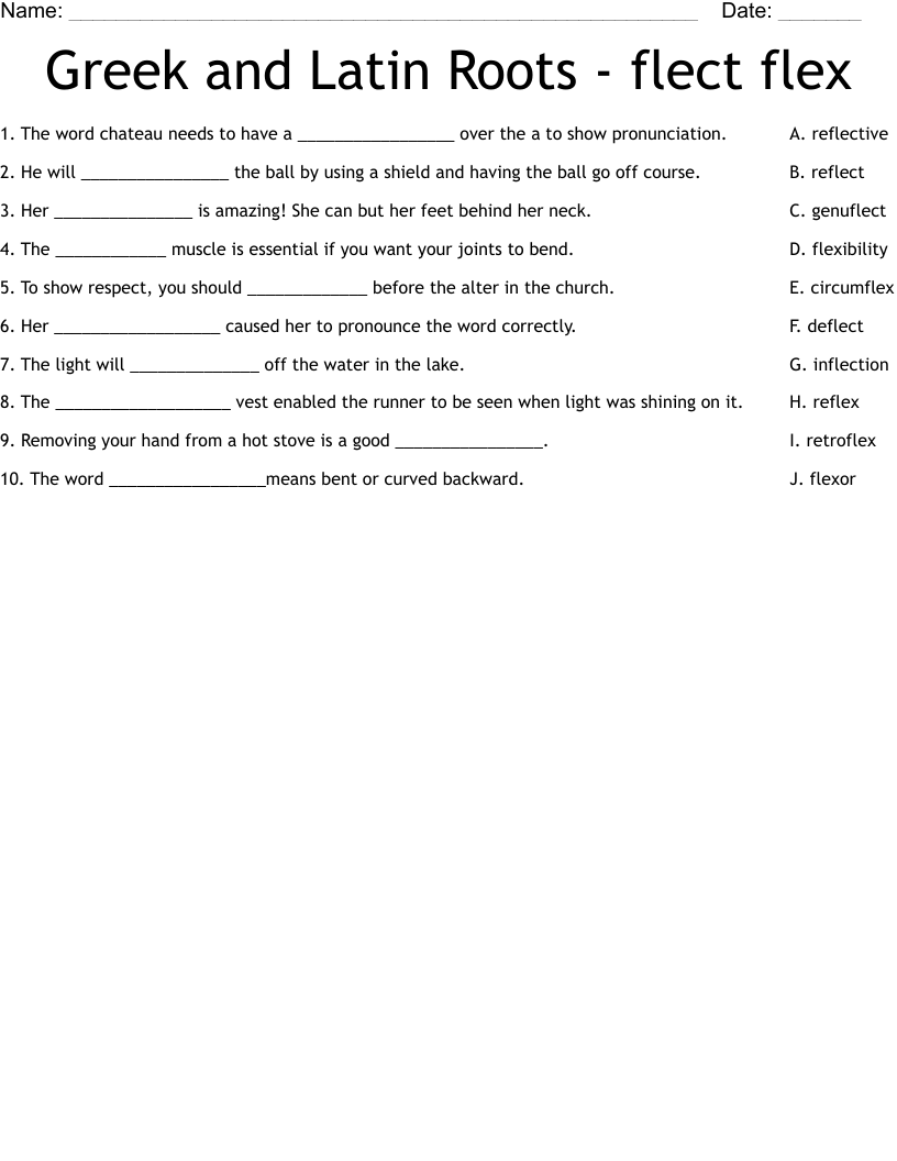 Greek And Latin Roots Flect Flex Worksheet WordMint