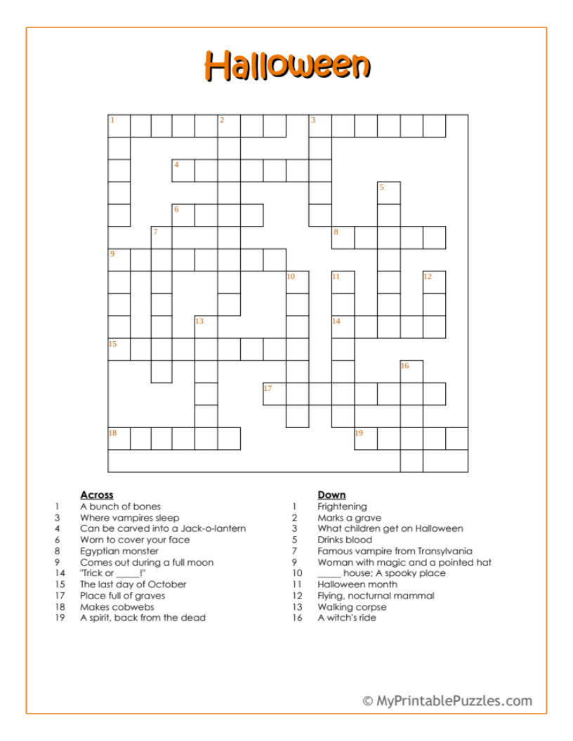 Halloween Crossword Puzzle Intermediate My Printable Puzzles