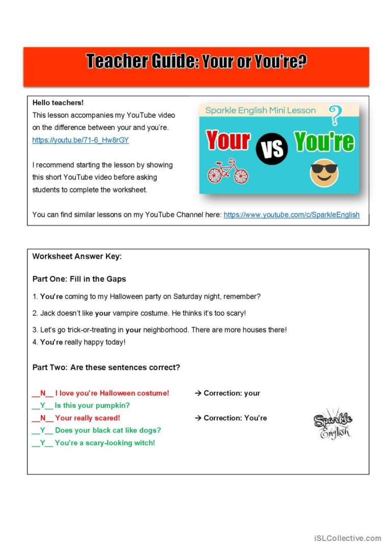 your and you're worksheet