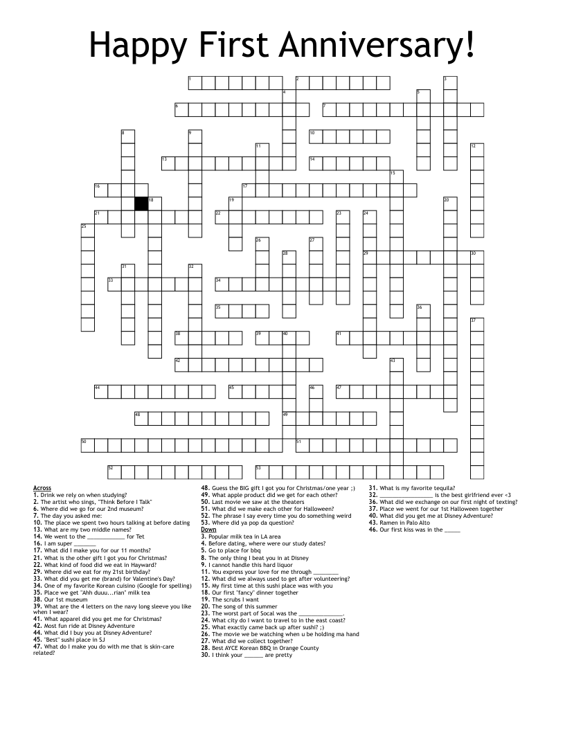 Happy First Anniversary Crossword WordMint