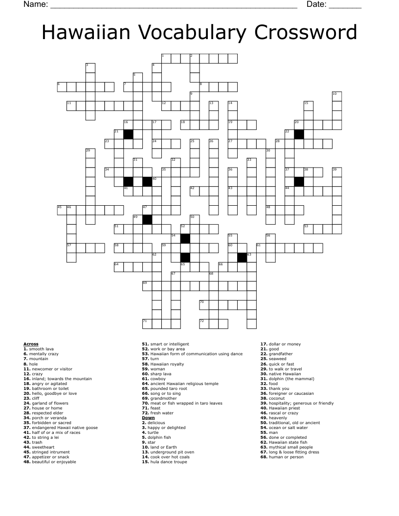 Hawaiian Vocabulary Crossword WordMint Hawaiian Vocabulary Crossword WordMint