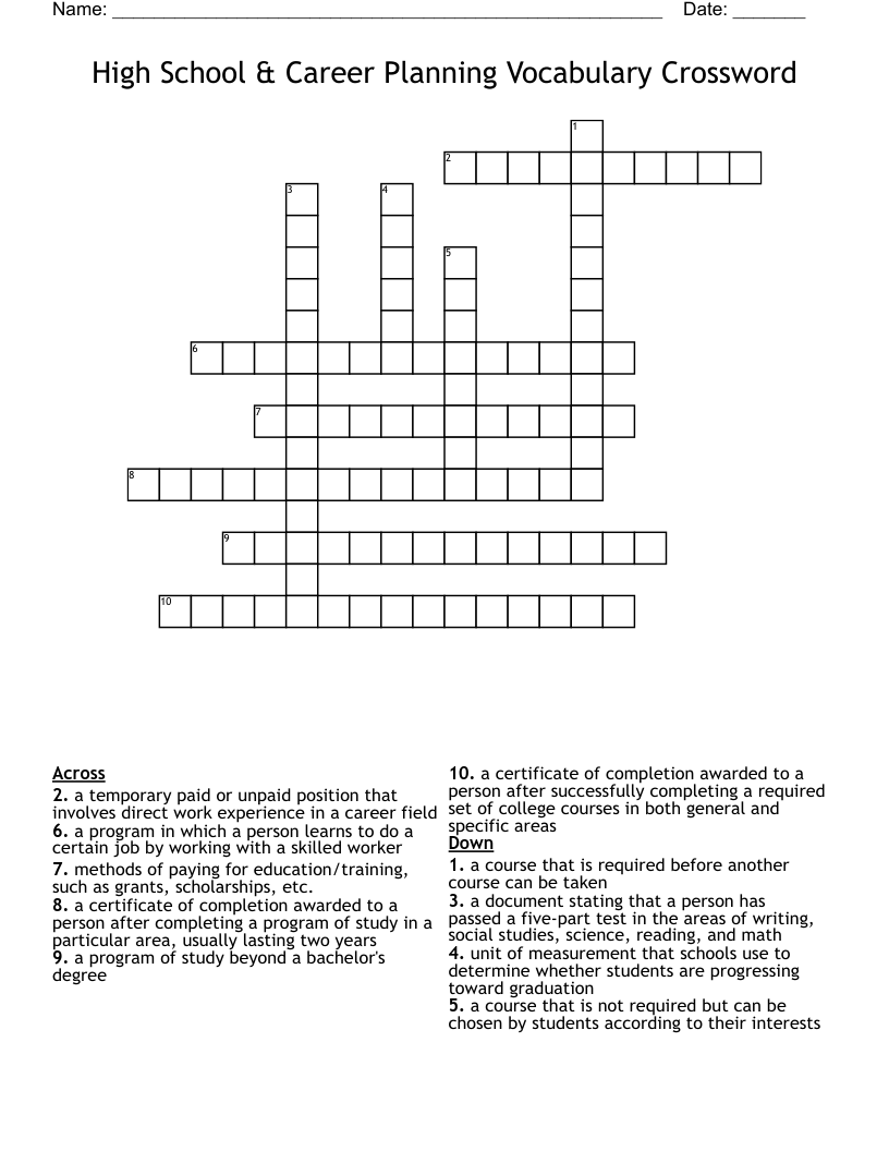 High School Career Planning Vocabulary Crossword WordMint