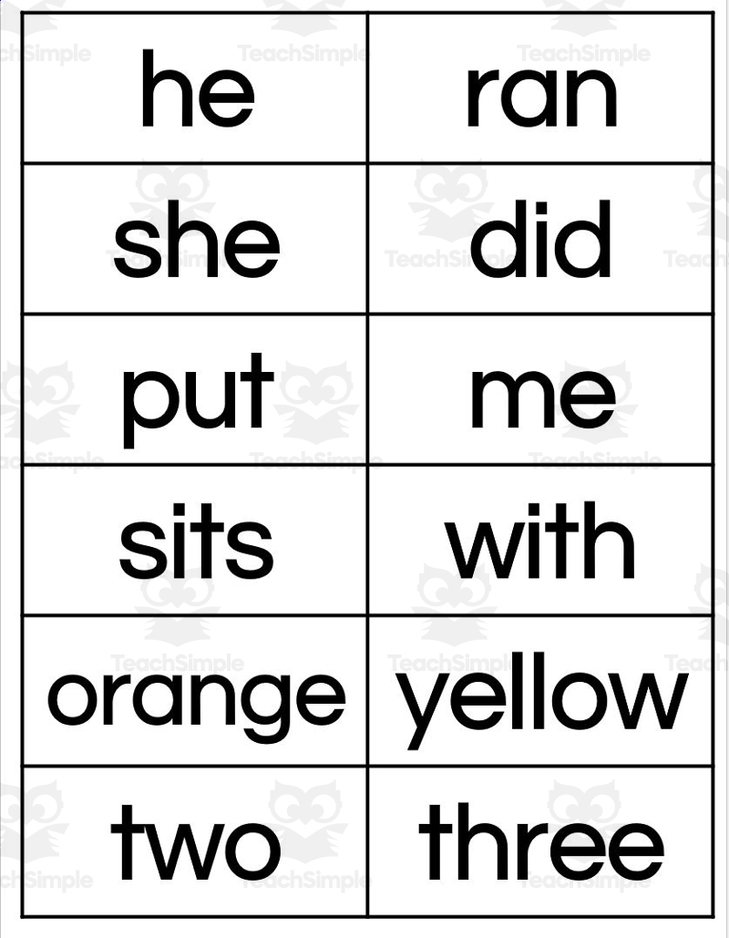 kindergarten high frequency word list