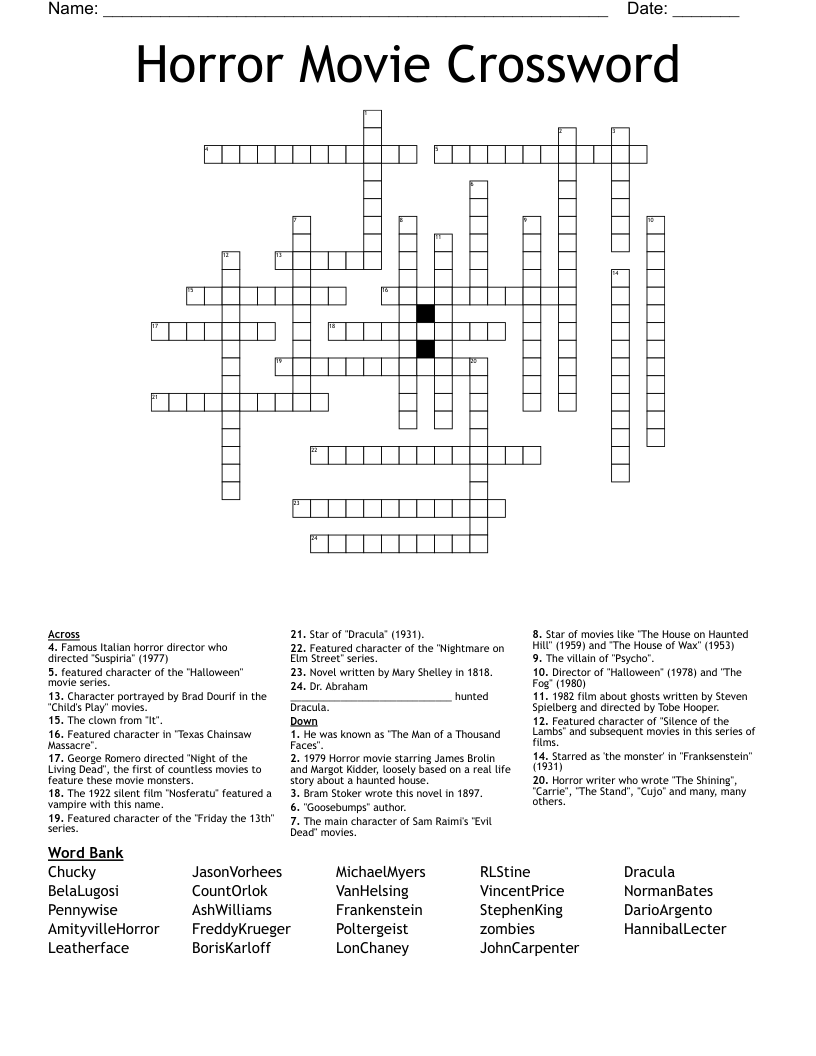 Horror Movie Crossword WordMint