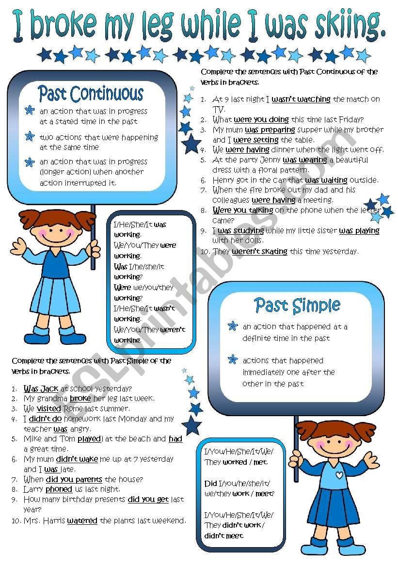 I Broke My Leg While I Was Skiing Past Continuous Past Simple B W KEY Included ESL Worksheet By Mada 1