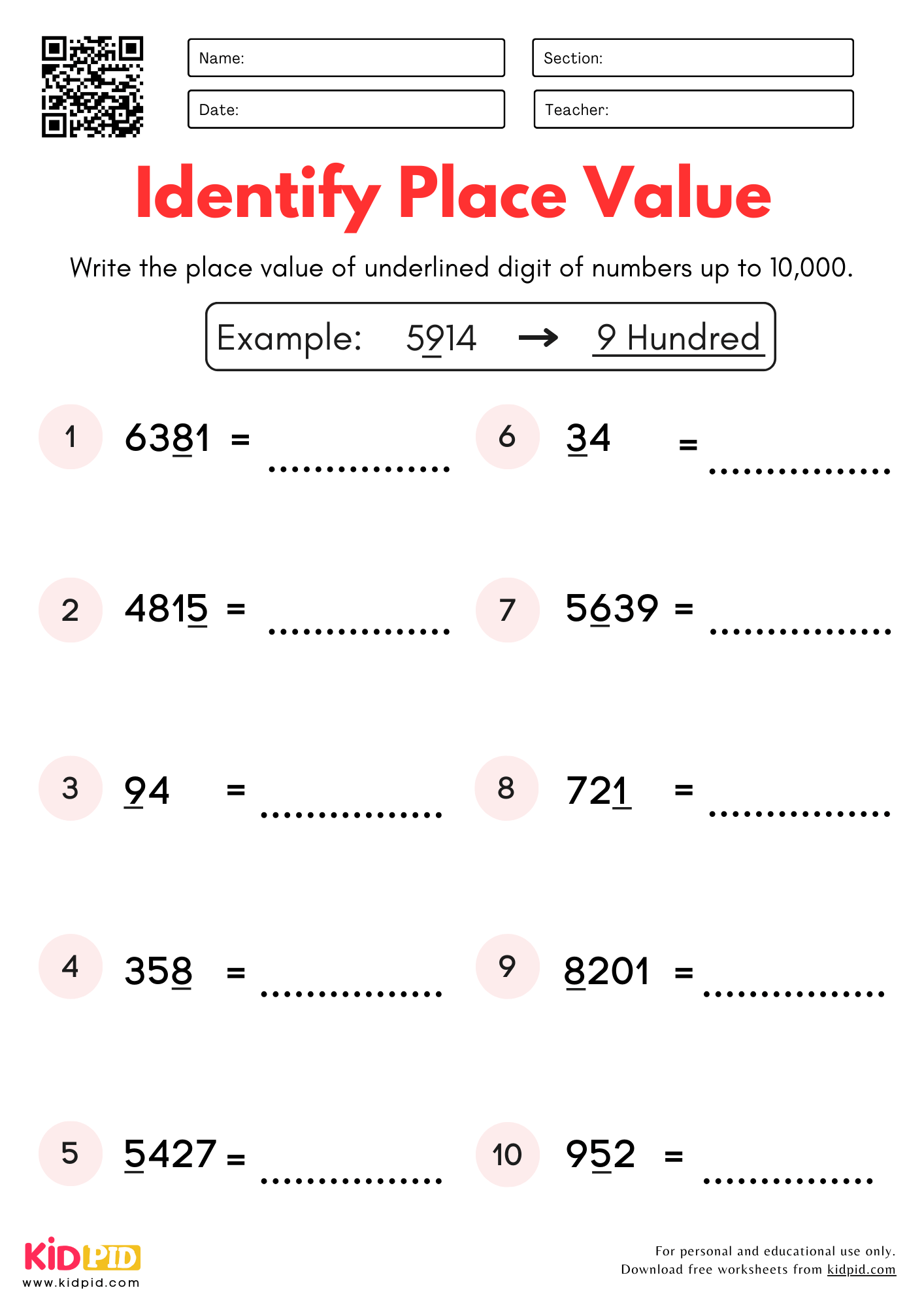 place the value worksheets