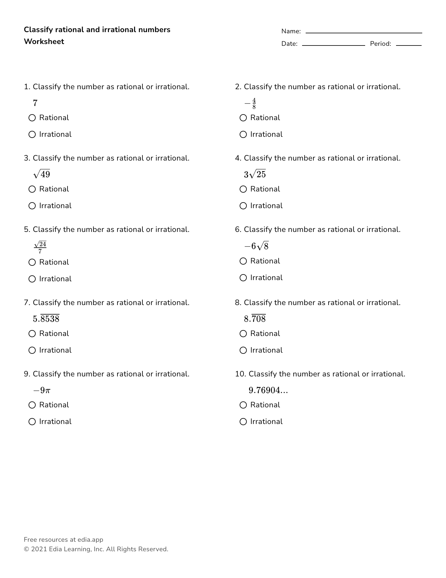 rational and irrational numbers worksheet