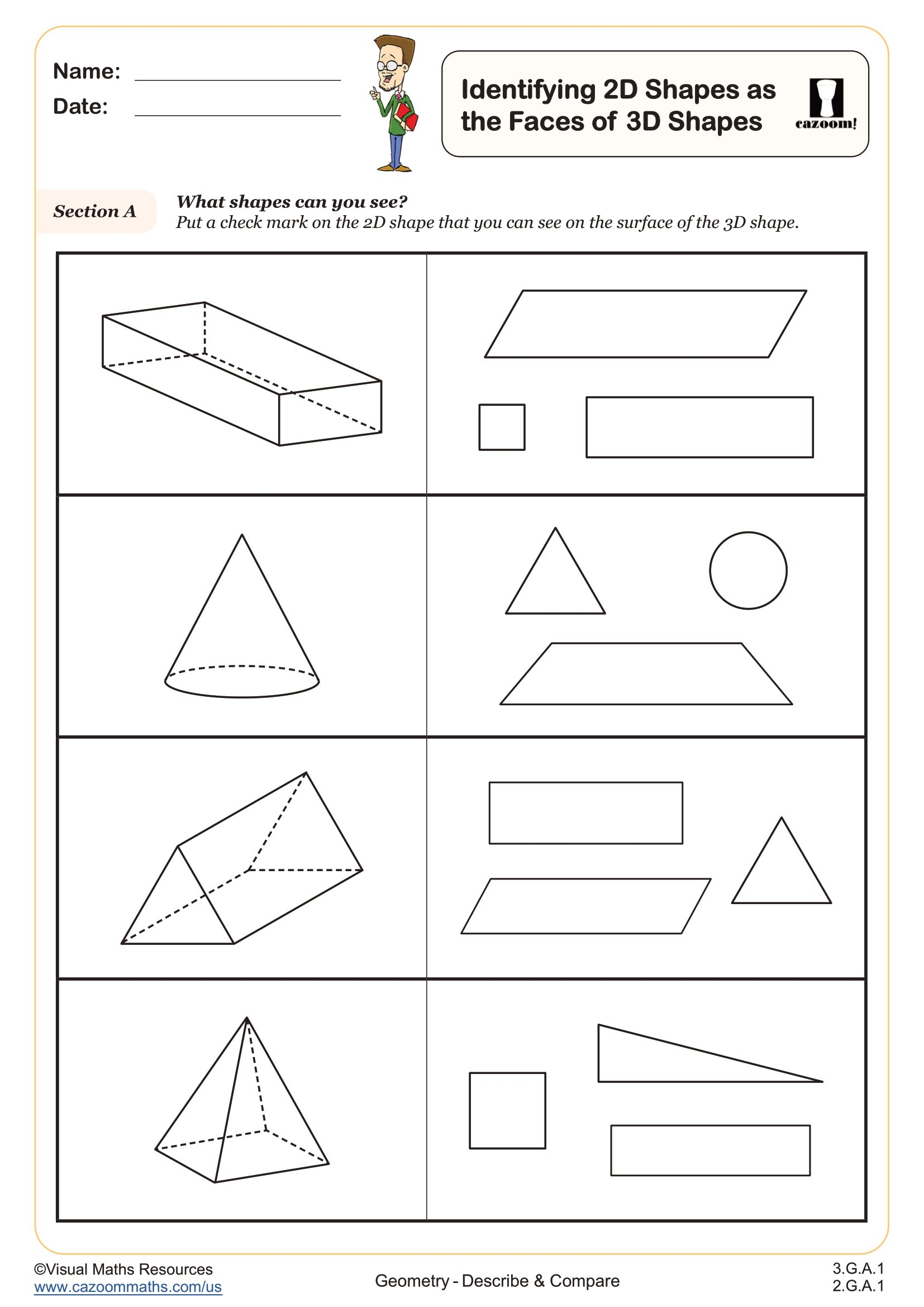 Identifying 2D Shapes As The Faces Of 3D Shapes Worksheet Fun And Engaging 2nd Grade And 3rd Grade Geometry Worksheet Cazoom Math