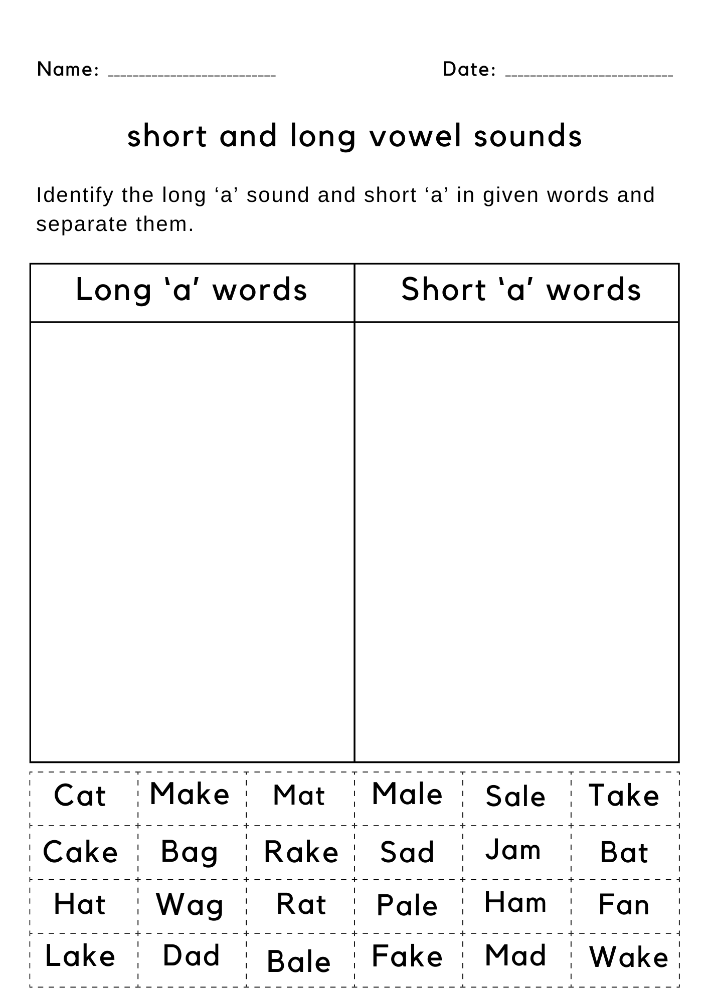 Identifying Long And Short Vowel Sounds Worksheets For Kindergarten Teaching Resources