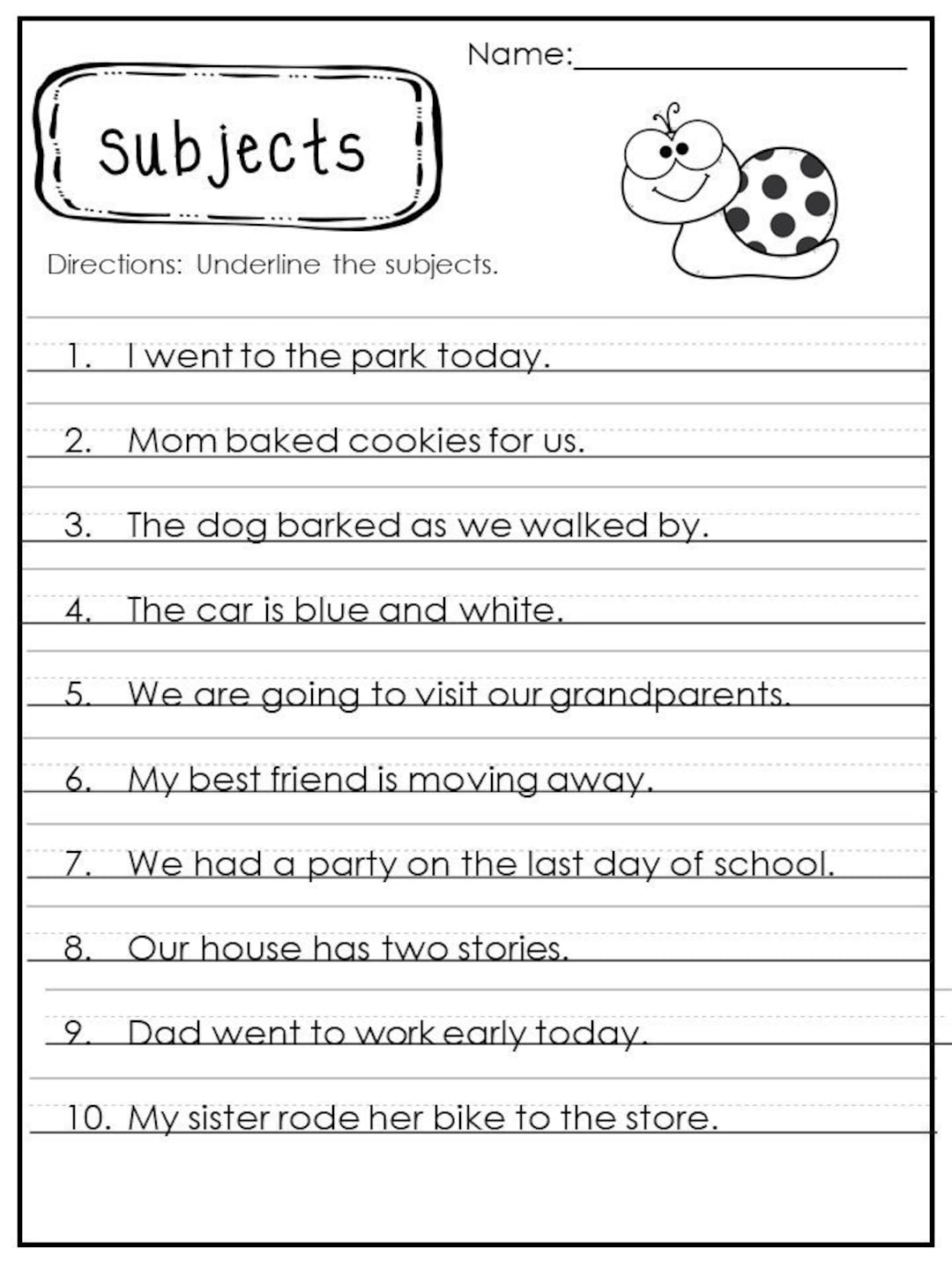 Identifying Subject Predicates And Verbs In A Sentence Worksheets Etsy