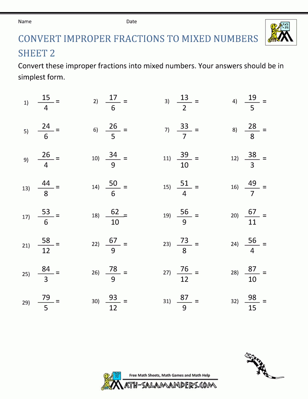 Improper Fraction Worksheets Improper Fraction Worksheets