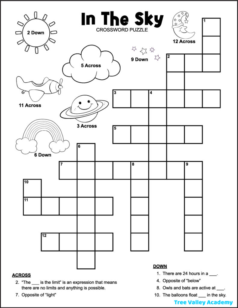 In The Sky Crossword Puzzle For Kids Tree Valley Academy In The Sky Crossword Puzzle For Kids Tree Valley Academy