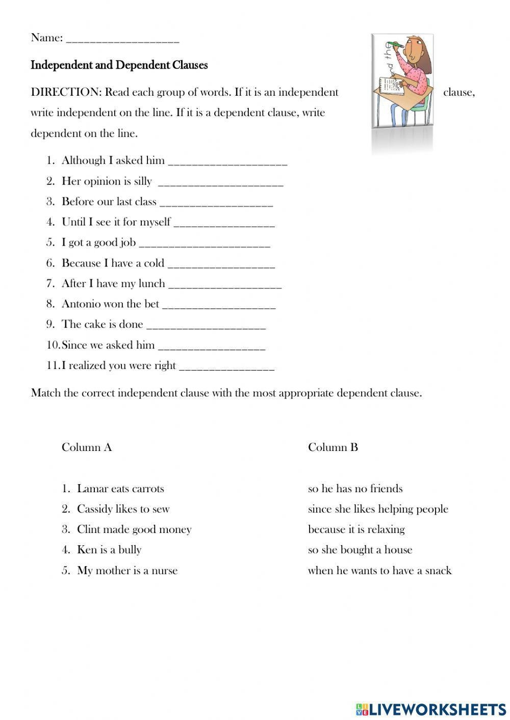 Independent And Dependent Clause Activity Worksheets Library