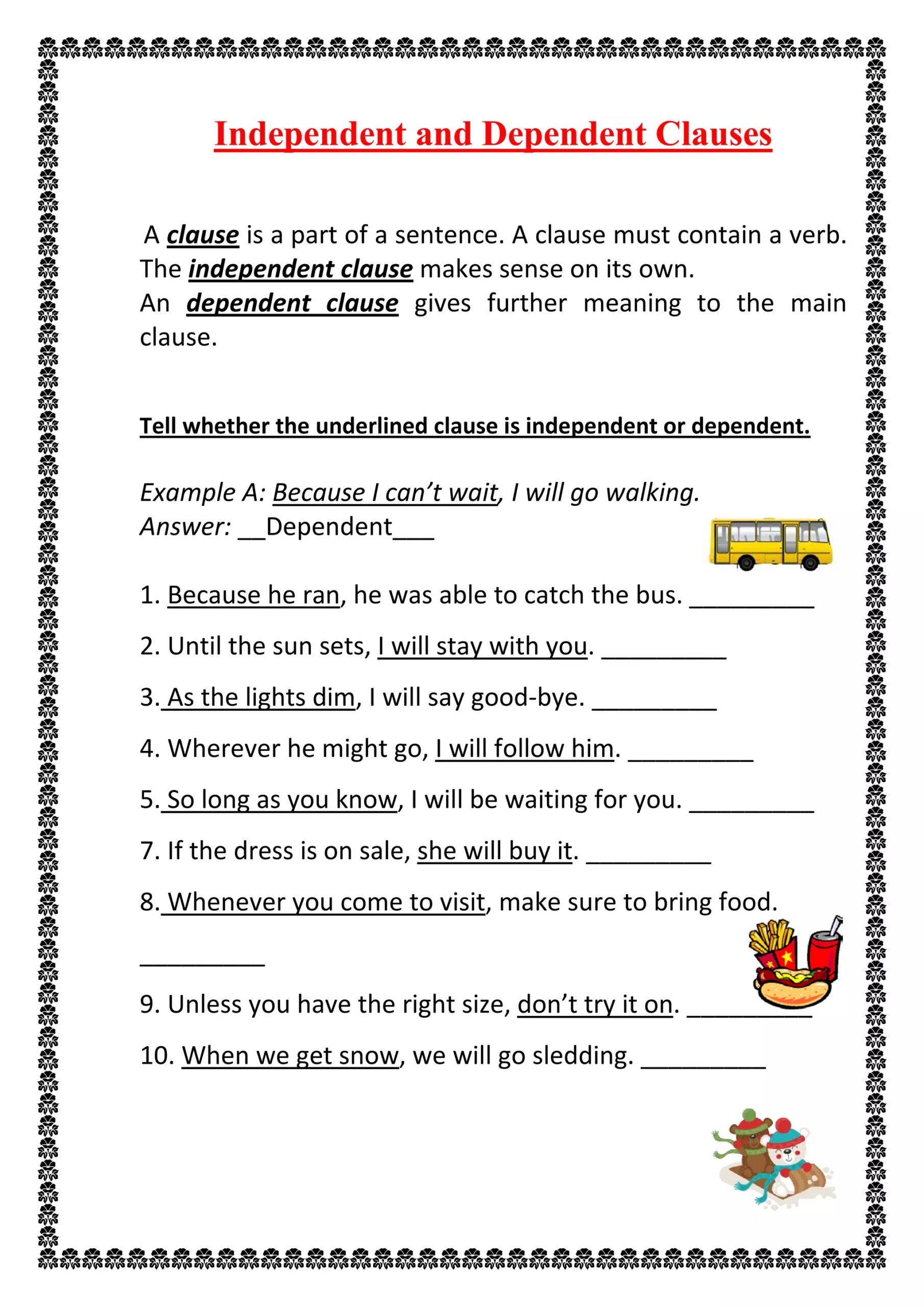 independent and dependent clauses worksheet