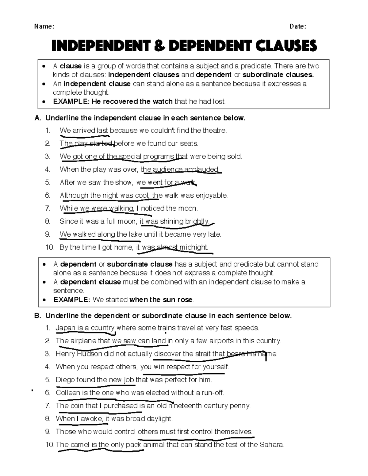 Independent Dependent Clauses Student Worksheet ENG101 Studocu