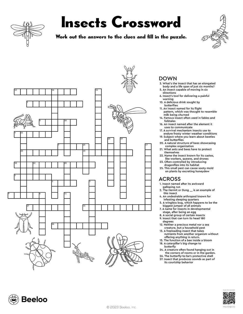 Insects Crossword Beeloo Printable Crafts And Activities For Kids
