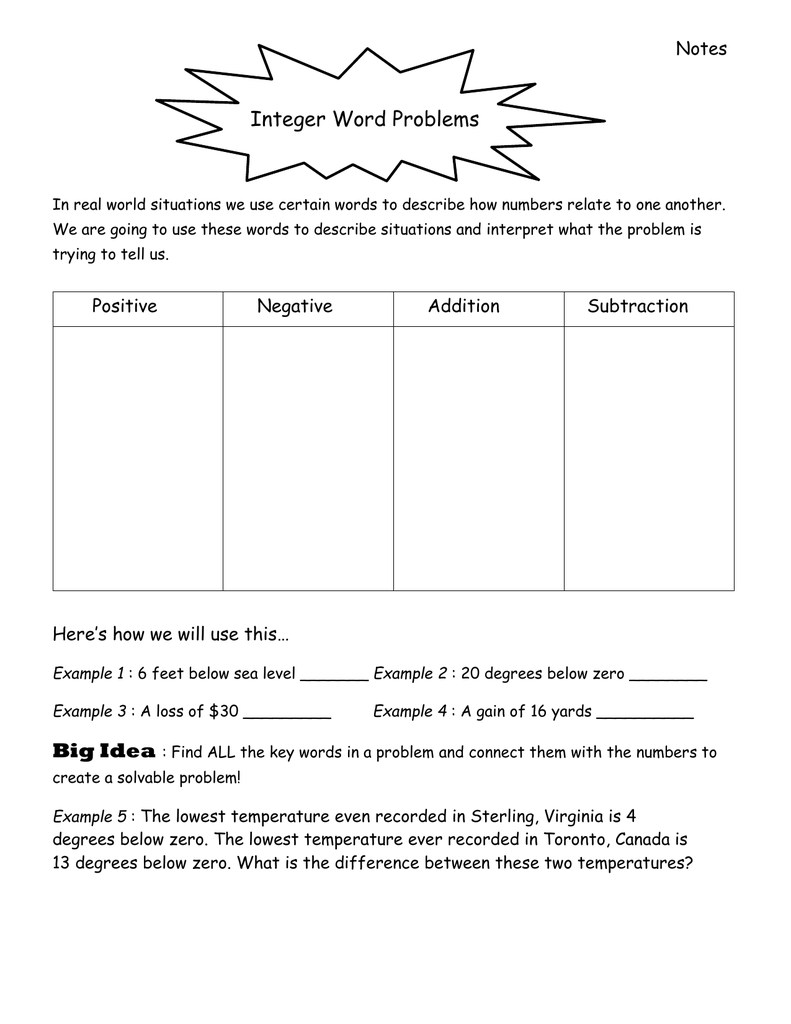 Integer Word Problems Worksheet Math Practice