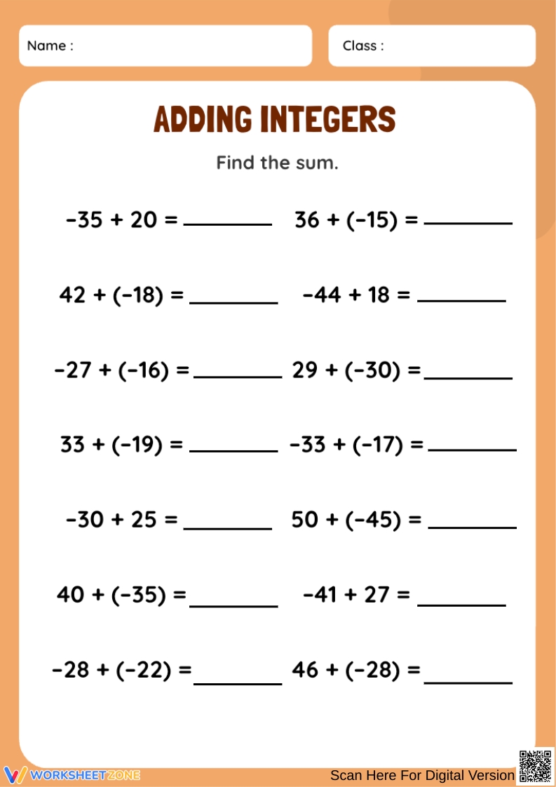 Integers Fill In The Blanks Worksheets