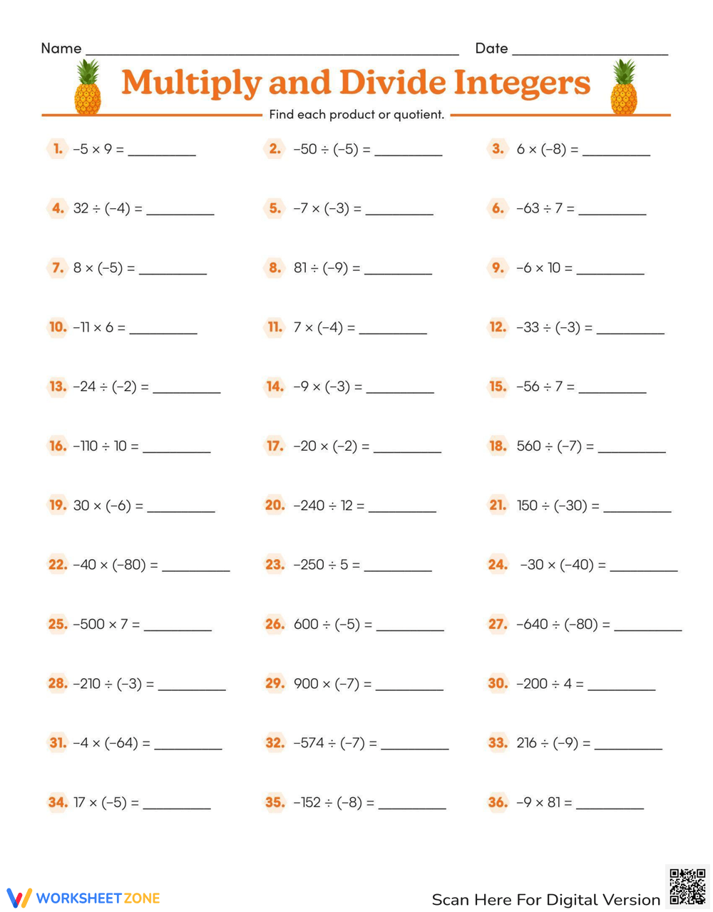 multiplying and dividing integers worksheets