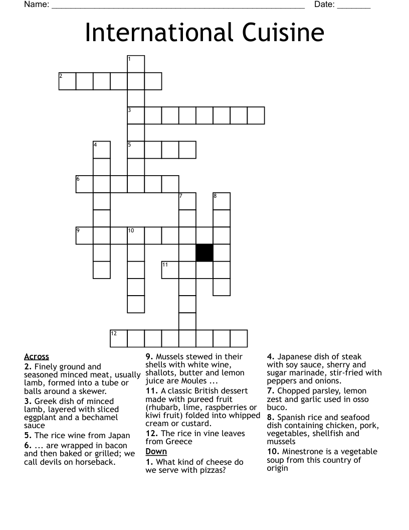 International Cuisine Crossword WordMint