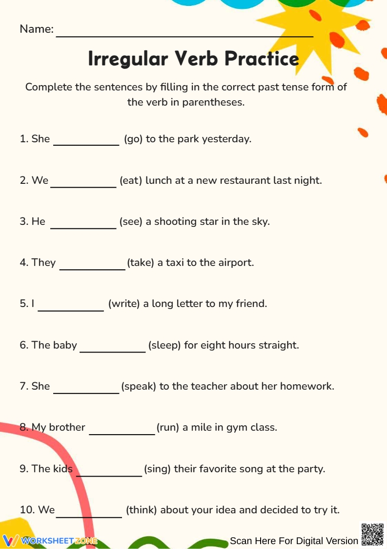 Irregular Past Tense Verbs Worksheets Printable