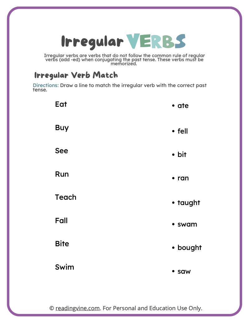 Irregular Past Tense Verbs Worksheets ReadingVine