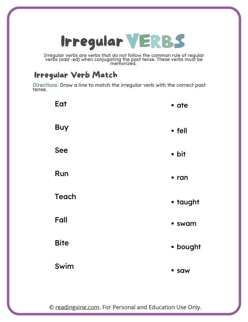 Irregular Past Tense Verbs Worksheets ReadingVine