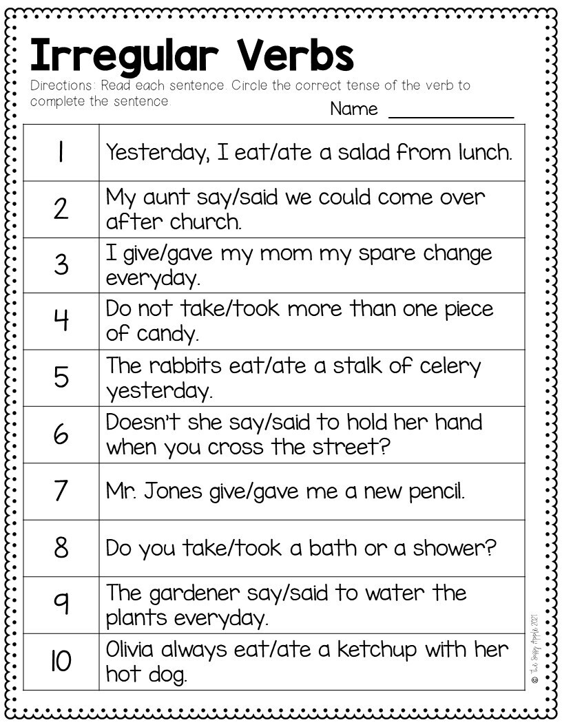 Irregular Verbs Activities Worksheets Anchor Chart One Week Of Lesson Plans