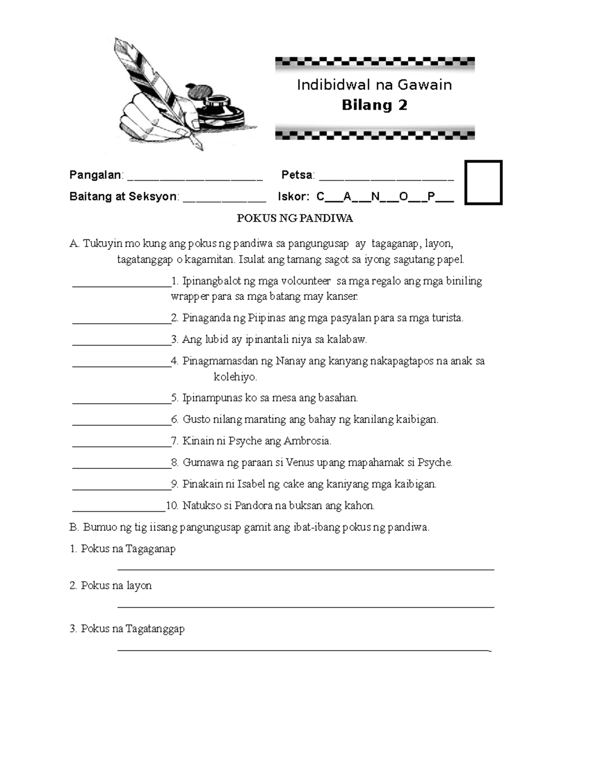 IW 2 Filipino 10 Pagsusuri Sa Pokus Ng Pandiwa Studocu