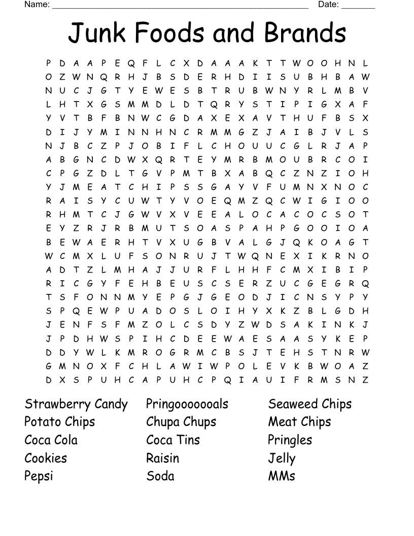 Junk Foods And Brands Word Search WordMint