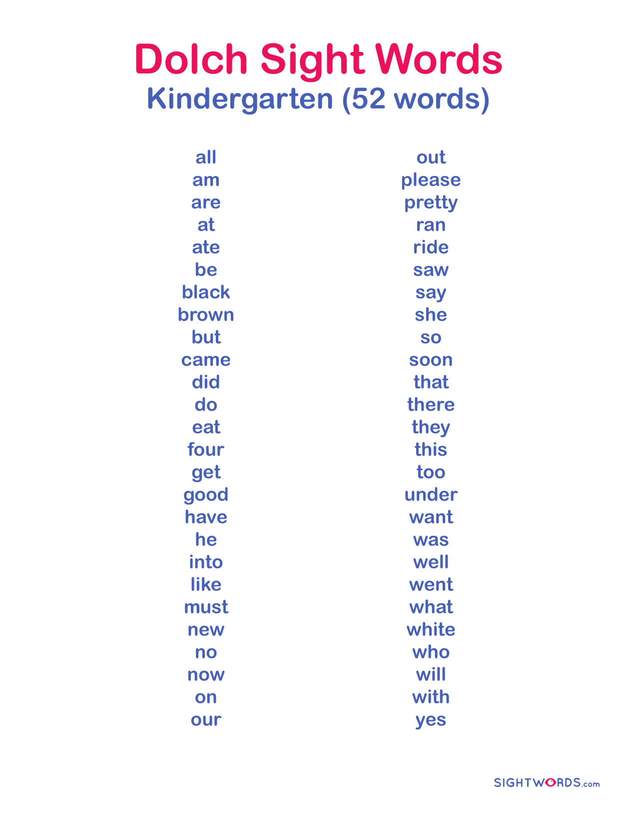 Kindergarten Dolch Sight Words List Kindergarten Dolch Sight Words List